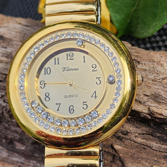 Gold Toned Women's Stretch Band Bracelet Watch with Rhinestone Crystal Accents - Picture 6 of 10